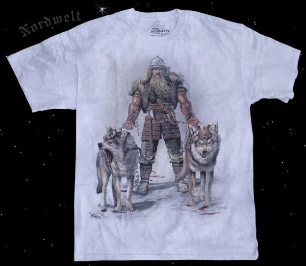Asatru T-Shirt Heimdall Asgard Wächter Pagan T-Hemd mit zwei Wölfen 