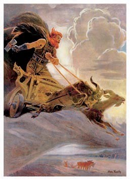 Thor mit Thorhammer Mjölnir Donnergott Poster Kunstdruck Streitwagen Ziegenböcke