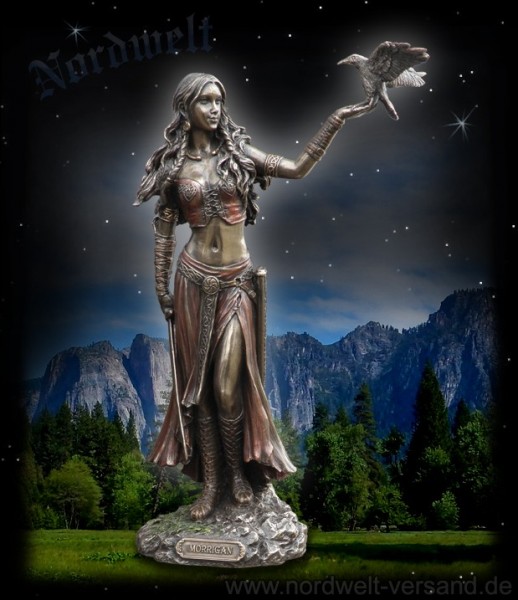 Morrigan mit Krähe, Figur Statue keltische Kriegsgöttin bronziert Erdgöttin und Fruchtbarkeitsgöttin