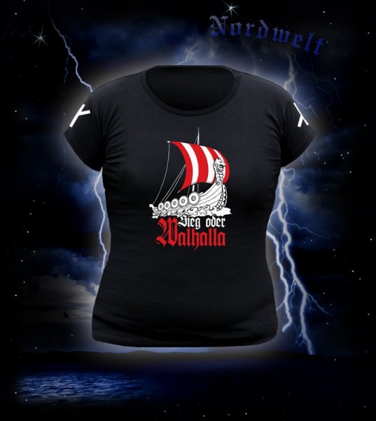 T-Shirt für Frauen mit Aufdruck "Sieg oder Walhalla" und Wikingerschiff schwarz mit Runen