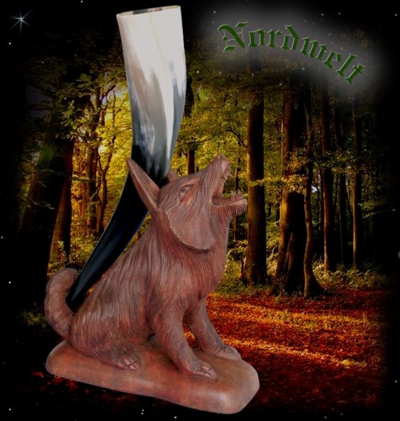 Wotans Odins Hornhalter Wolf aus Holz geschnitzt Trinkhornhalter Wölfe