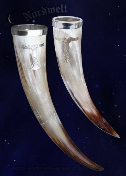 Trinkhorn mit Irminsul aus Zinn Methorn aus echtem Horn hergestellt