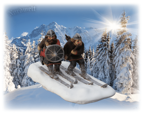 Wikinger auf Skier Ski fahren Figur Statue aus Polyresin Nordmänner im Winter