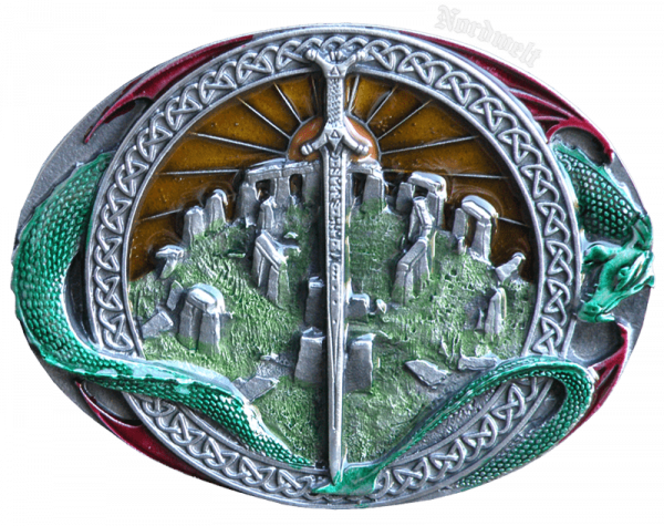 Gürtelschnalle mit Kultplatz, Schwert und Midgardschlage, Gürtelschließe Zinn