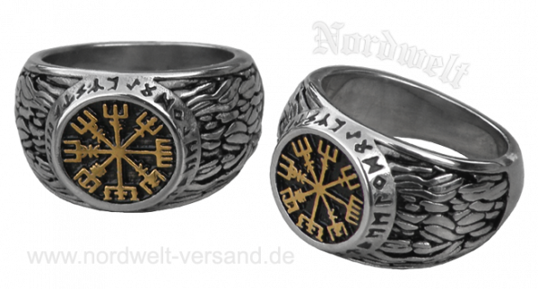 Vegvísir Wegweiser Edelstahl Ring teilvergoldet Wikinger Kompass