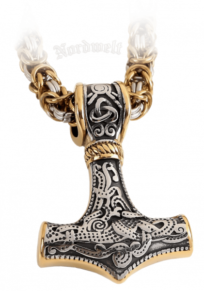 Thorhammer mit Königskette teil-vergoldet, Thors-Hammer Edelstahl Mammen- Stil