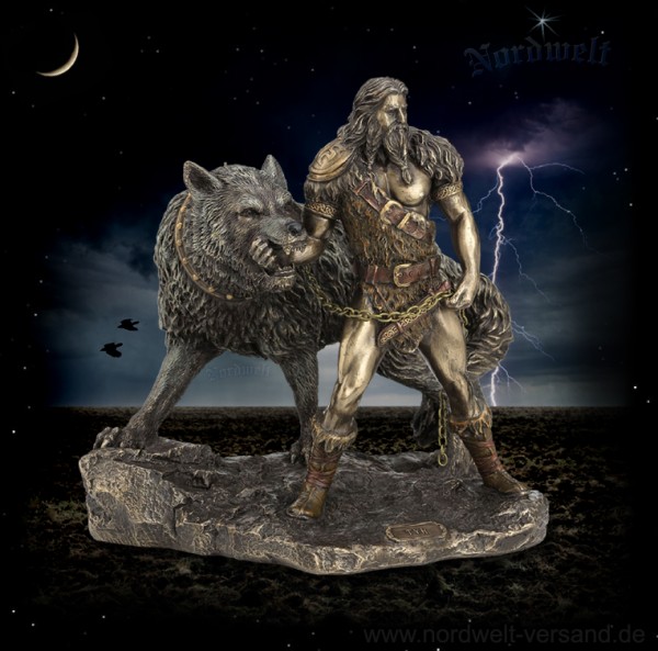Kriegsgott Tyr mit Fenriswolf Himmelsgott Befehlshaber der Einherier Statue Bronzefiguren Figur Skupltur